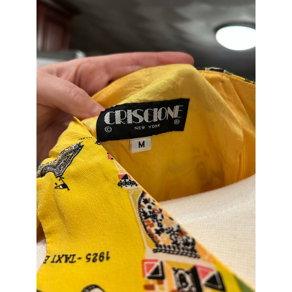 Vintage Criscione 100% Silk Top - Bold Yellow - Art Deco Cityscape - Picture 5 of 6